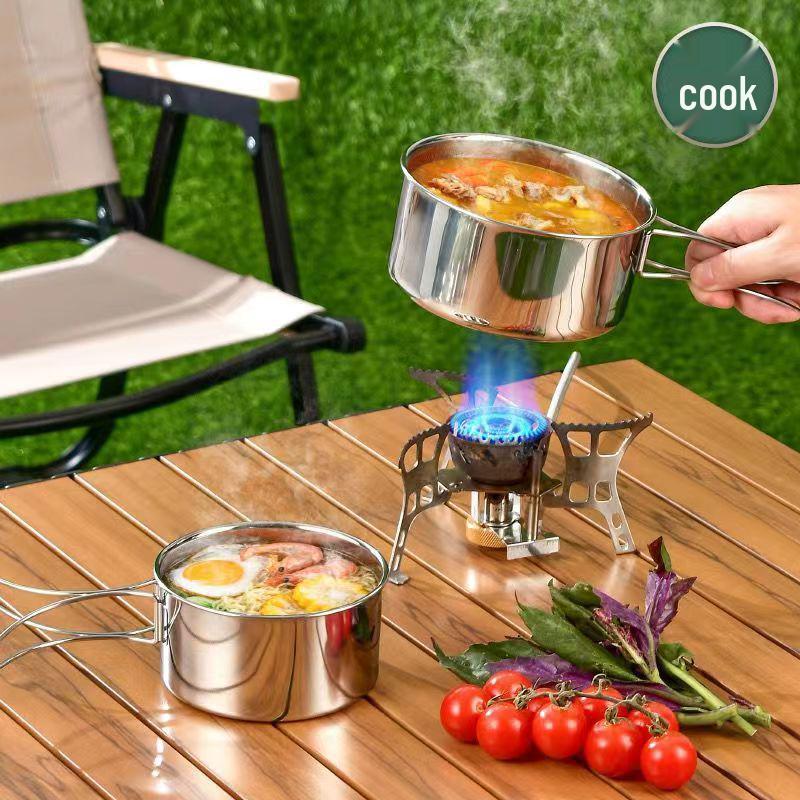 304 Stainless Steel Folding Camping Tableware Set - Durable, Portable, and Collapsible Cookware for Outdoor Adventures.