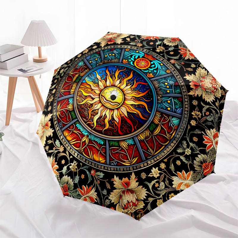 Sun MandalaThemed Automatic Opening and Closing umbrella - 8 Ribs, Suitable for Leisure and Going Out, Outdoor Accessory, Gothic Style, Fash