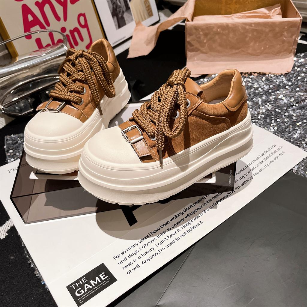 2025 autumn new metal buckle leather thick-soled muffin small man 6cm height increase casual board shoes bread shoes women