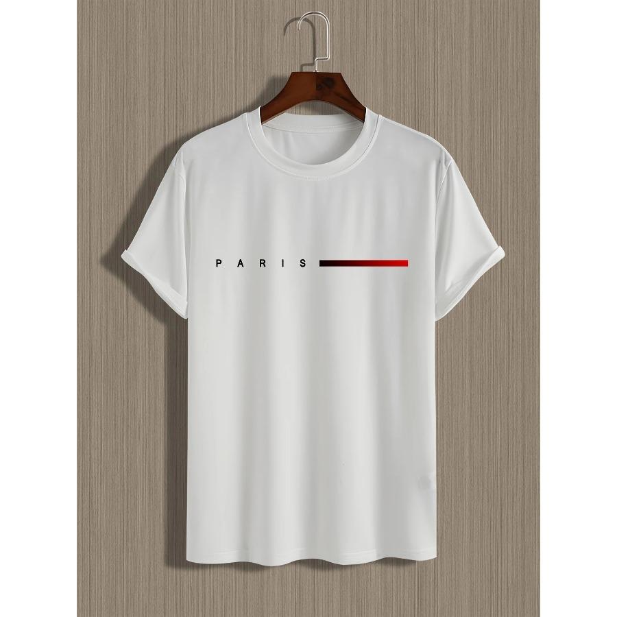 Men's 100% Cotton Summer Loose PARIS Creative Letter Print Casual Slim Fit Round Neck Short Sleeved T-shirt Top Cotton Comfortable Male Clothing