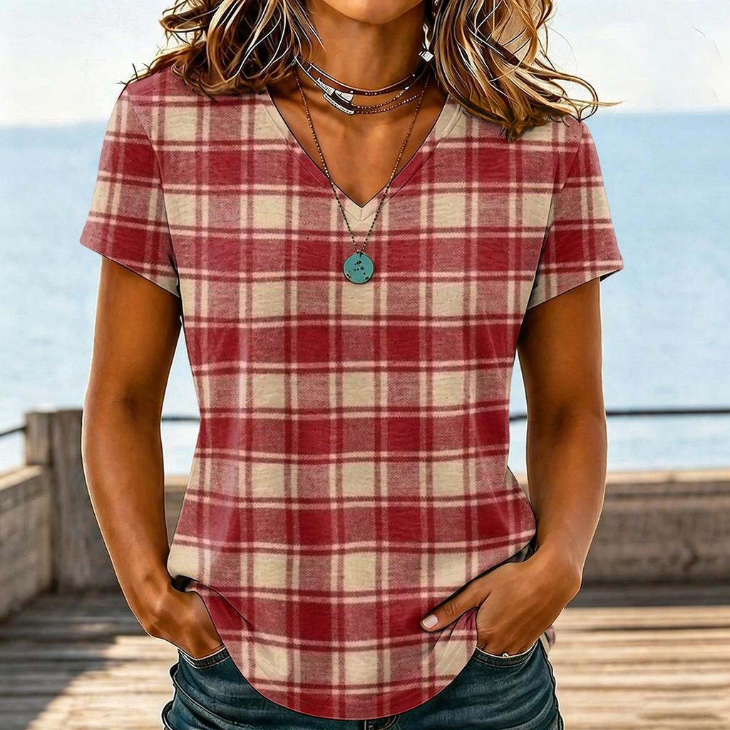Women Casual V Neck T Shirt Plaid Checkered Printed Short Sleeve Blouse Lightweight Soft Fabric Top for Daily Wear