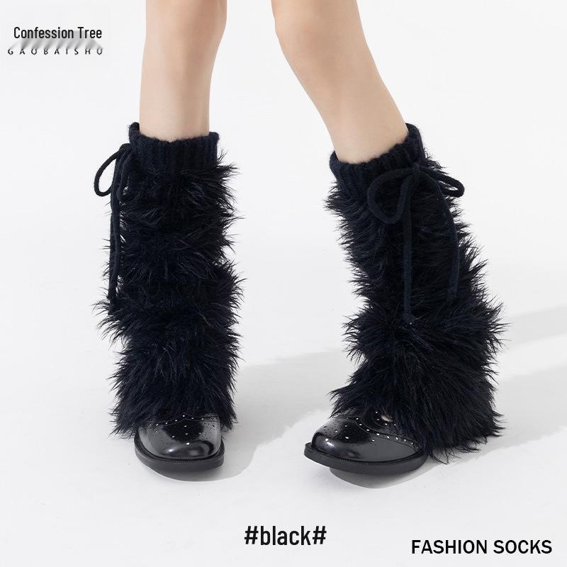 Damen Schnür-Fell-Scrunchy-Beinstulpen - Dick, Plüschig, Y2K-Stil für Herbst/Winter