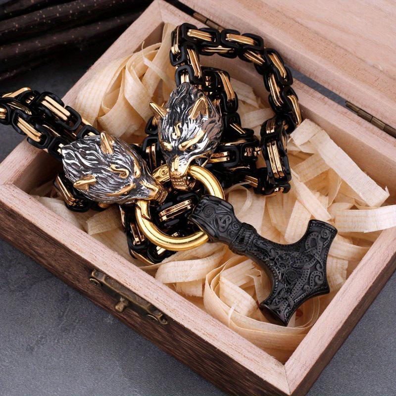 Retro Nordic Viking Hammer Pendant Wolf Head Necklace - Men's Amulet Jewelry