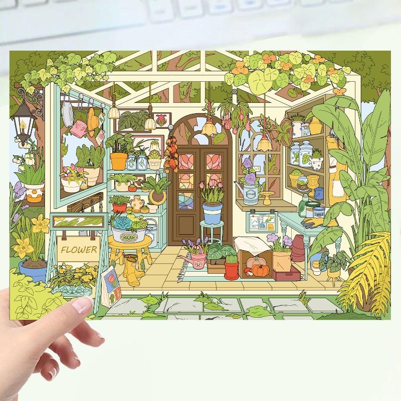 Green Flower House Retro Cartoon Landscaping Stickers, Visual Miniature Landscape Stickers for Scrapbooks, Stress-relieving PET Stickers Greenhouse