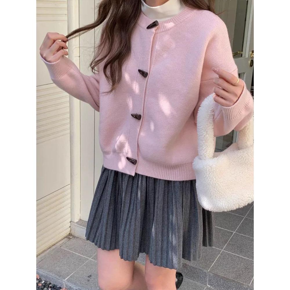 Round-neck Horn-buttoned Sweater Coat for Women's Autumn and Winter New Loose, Retro Solid Color, Versatile Knitted Cardigan