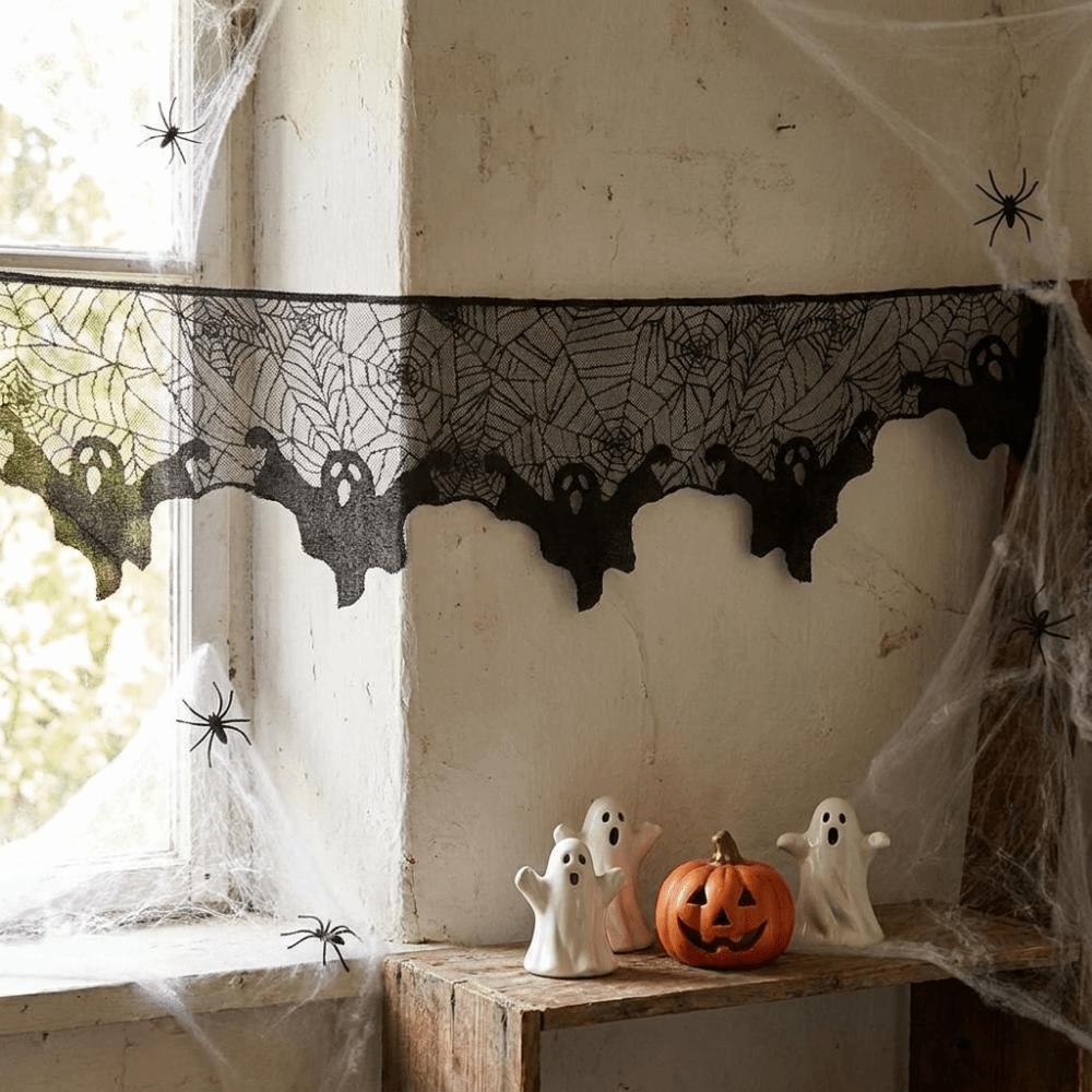 Sheer Fabric Spider Web Ghost Edge Tablecloth Gothic Style Black Lace Table Runner  Dining Table