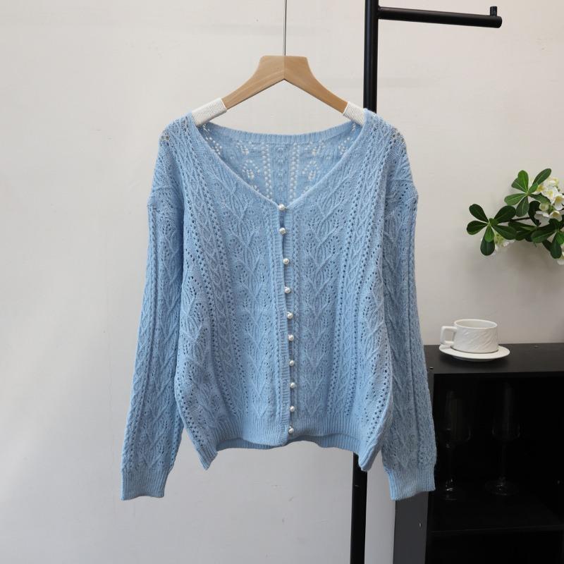 Early autumn new hollow design knitted cardigan thin soft waxy sweet loose sweater jacket women