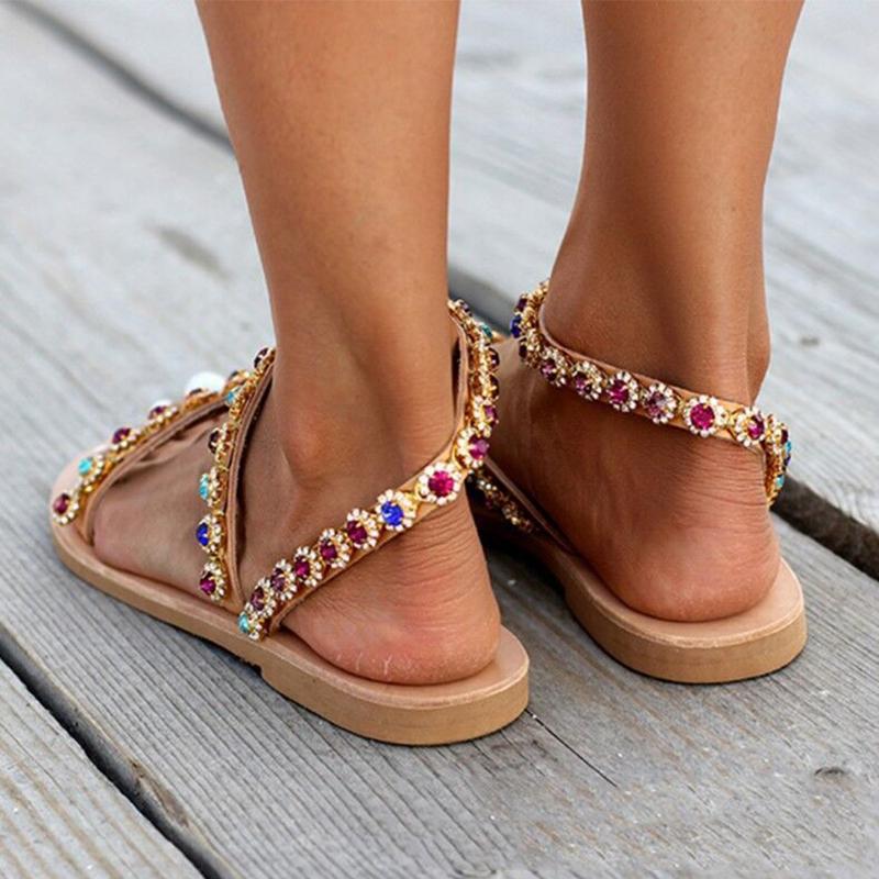 Summer Large Size Women's Shoes 43 Flat Colorful Rhinestone Roman Style Sandals