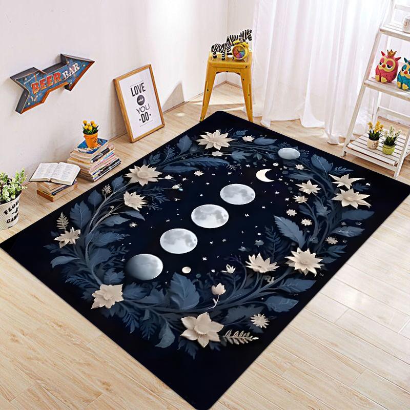 Moon Phase Floral Wreath Area Rug Celestial Night Sky Starry Carpet Non-Slip Washable Boho Decor Mat for Living Room Bedroom
