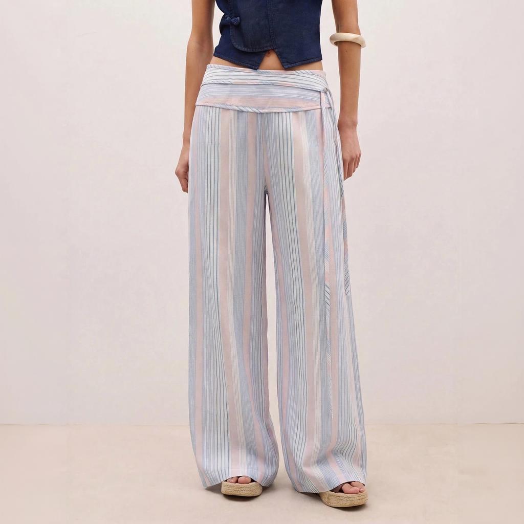 Women's High-Waisted Striped Wide Leg Pants with Tie Waist for Casual Vacation Wear