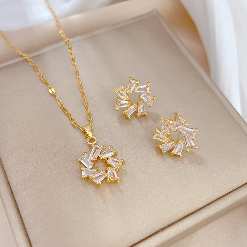 Full of Zirconium Exquisite Wind Copper Micro-inlaid Earrings Necklace Set Combination