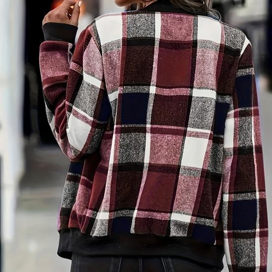 Women Jacket Stand Collar Long Sleeve Zipper Closure Short Jacket Plaid Print Ribbed Hem Cuff Casual Coat Daily Wear