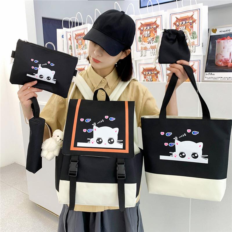School Bag Academy's New Three Four Five Six Primary School Students Five-piece Backpack Cute Cat Print Middle School Student Schoolbag