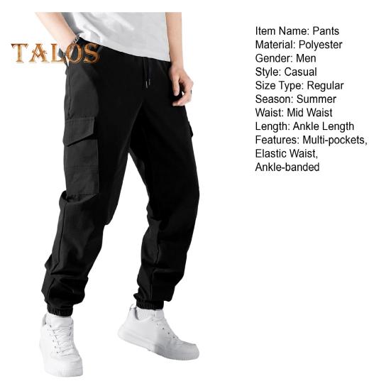 Men Cargo Pants Drawstring Elastic Waist Solid Color Muti Pockets Ankle-banded Loose Sport Trousers Daily Wear Casual Pants