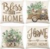 4 Stück Landhaus-Kissenbezüge "Home Sweet Home" Eukalyptus-Baumwolle LKW-Kissenbezüge für Wohnzimmer Schlafzimmer Sofa