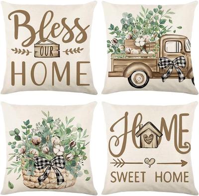 4 Stück Landhaus-Kissenbezüge "Home Sweet Home" Eukalyptus-Baumwolle LKW-Kissenbezüge für Wohnzimmer Schlafzimmer Sofa