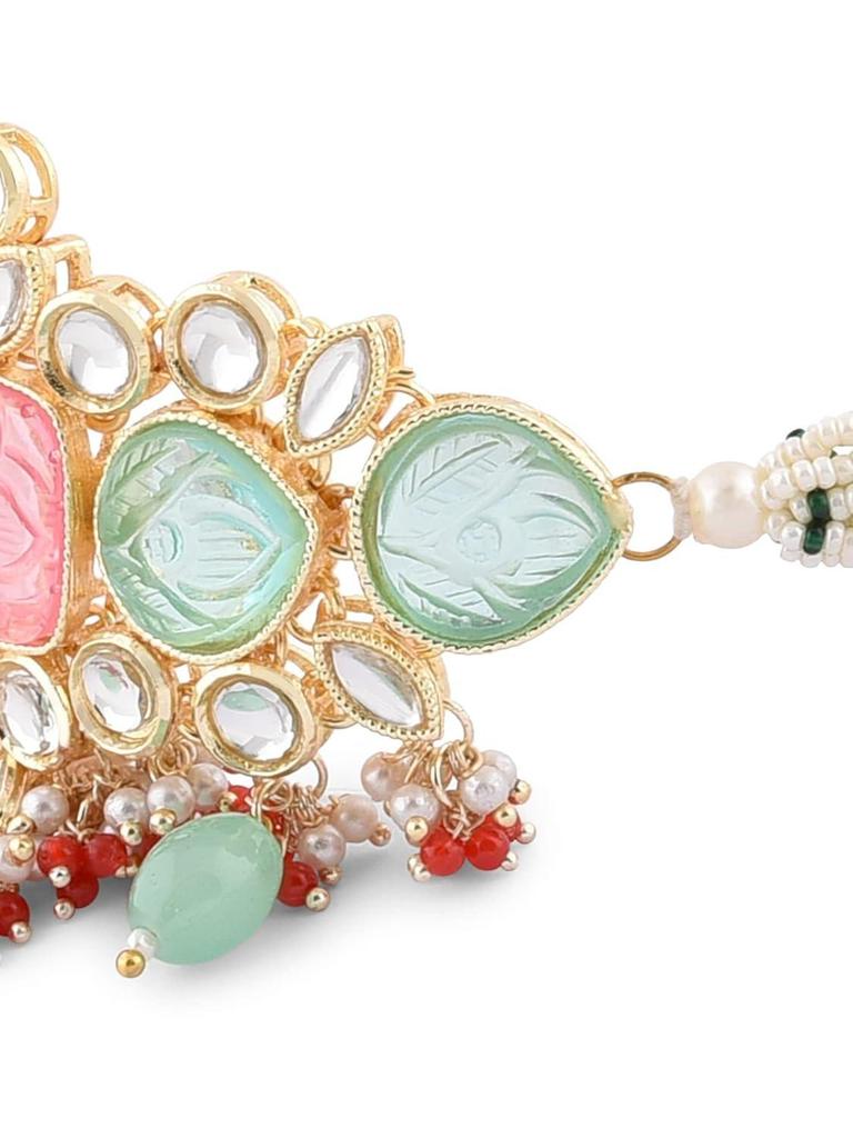 Multicolor Stones & Beads Multistrand Beaded Kundan Choker Necklace Earring & Ring Set For Women