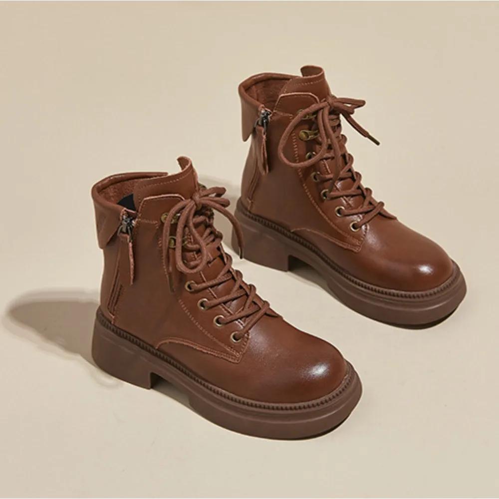 Fashion Boots Women's Spring Autumn Retro Womens Leather Shoes with Double-sided Zippers Platform Casual Shoes Soft Soled Leather Boots