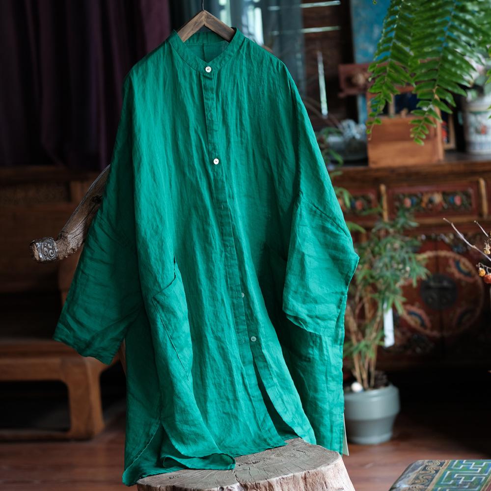 

Johnature Женские винтажные длинные рубашки с длинными рукавами, однотонные летние блузки с пуговицами и карманами One Size зелёный