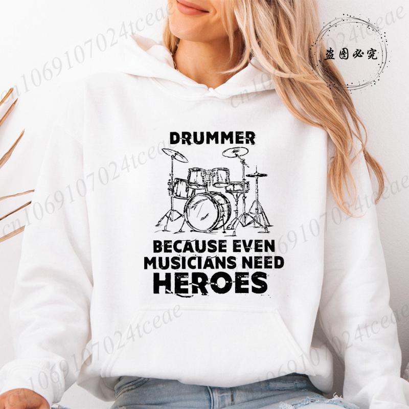 Autumn Fleece Hoodie Drum Heartbeat Print Hooded Drummer Fashion Sweatshirt Long Sleeve Top Drumming Music Musician Band Hoodies