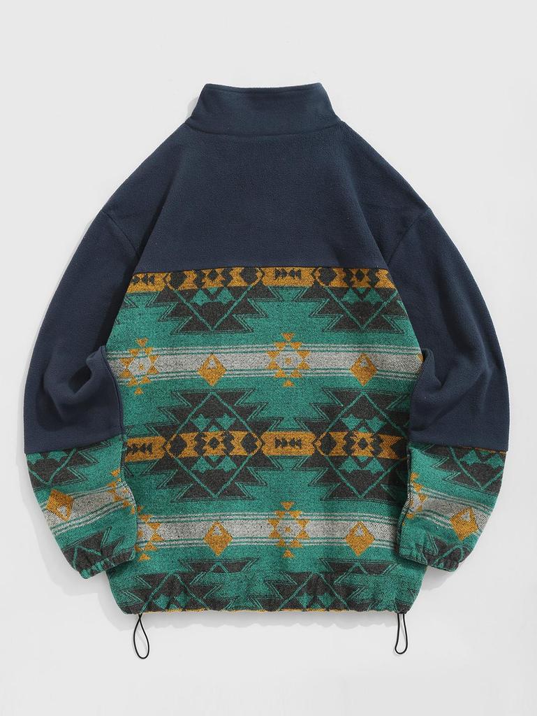 ZAFUL Erkek Etnik Aztek Baskılı Eğik Cepli Fermuarlı Dik Yaka Tüylü Polar Polar Ceket
