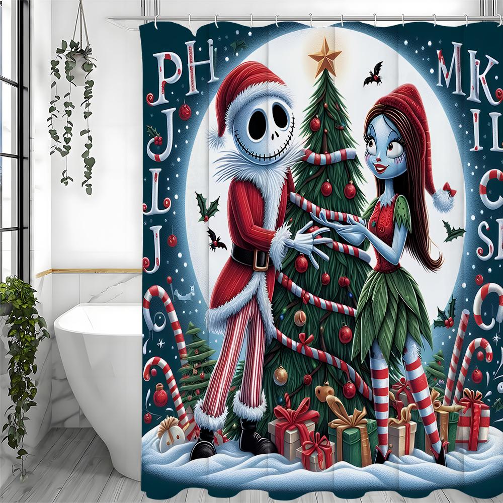 Christmas Scary Doll Christmas Tree Shower Curtain, Bathroom Decorative Shower Curtain, Waterproof Shower Curtain with Hooks