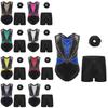 Girls Dance Gymnastics Outfit Sleeveless Crisscross Back Shiny Rhinestones Color Block Metallic Leotard Elastic Waistband Short