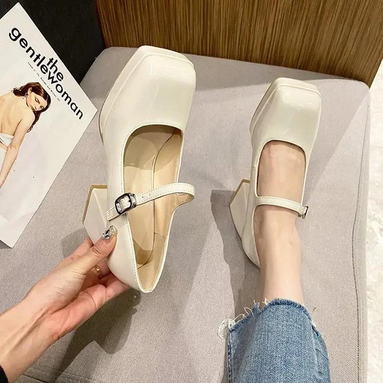 Fashion Platform Pumps Women's 2025 Square Toe Thick Heels Mary Janes Women's Patent High Heels Party Shoes Square Toe Square Heel