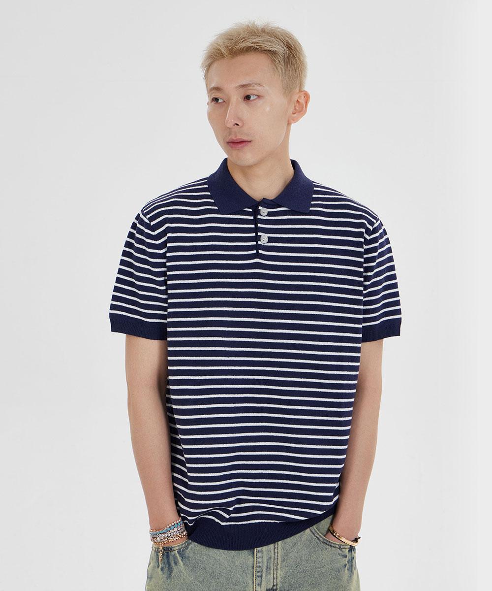 Striped Knit Collared Short Sleeve T-Shirt_Navy M