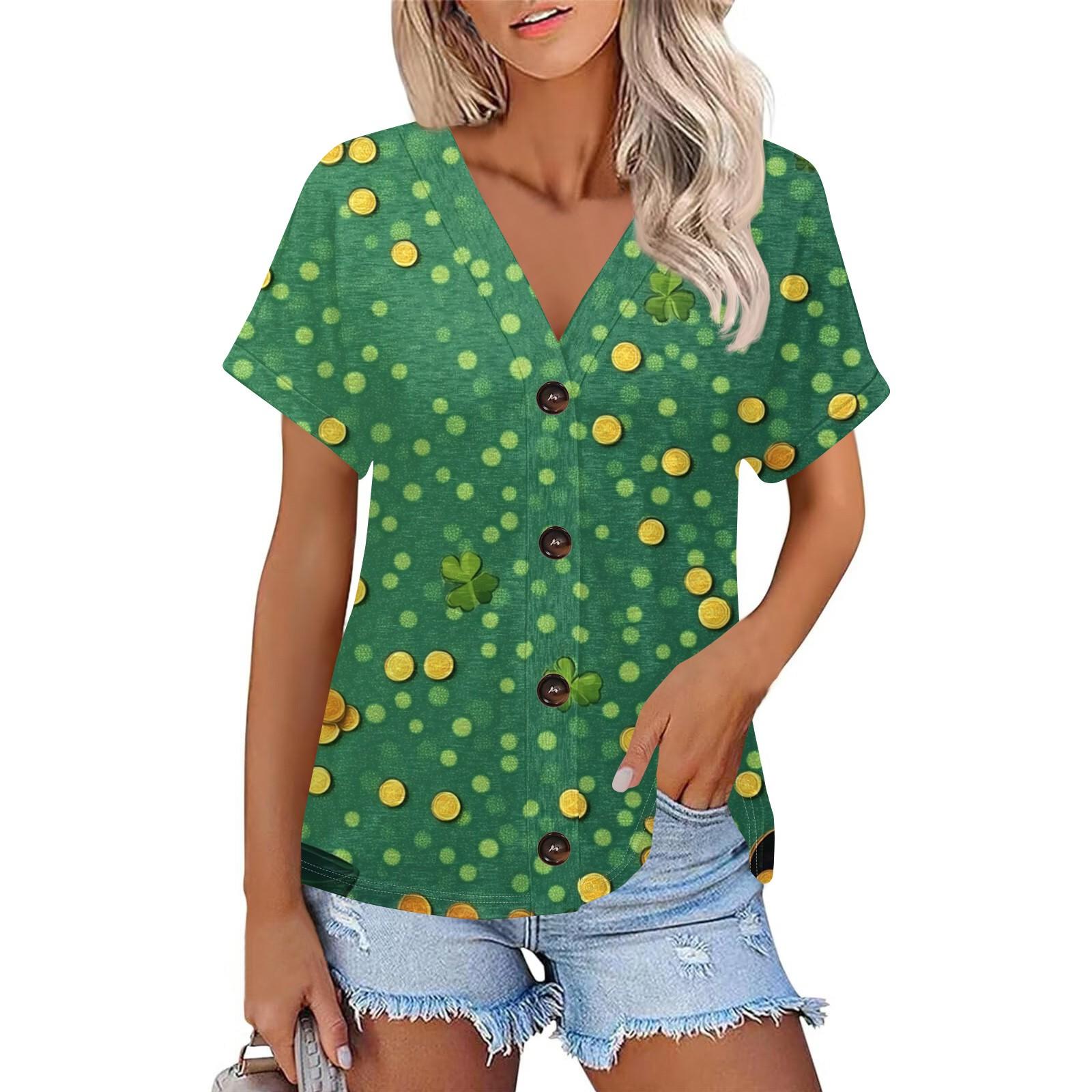 

Женская мода с коротким рукавом и V-образным вырезом St. Футболка с принтом Patrick Top Casual на пуговицах S зелёный