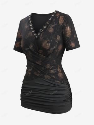 Rosegal Plus Size Tie Dye Flower מודפס Crossover Ruched Truch Trim Grommet Top