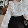 Girls Ruffled Collar Long Sleeve White Blouse Kids Elegant Lapel Button Down Shirt