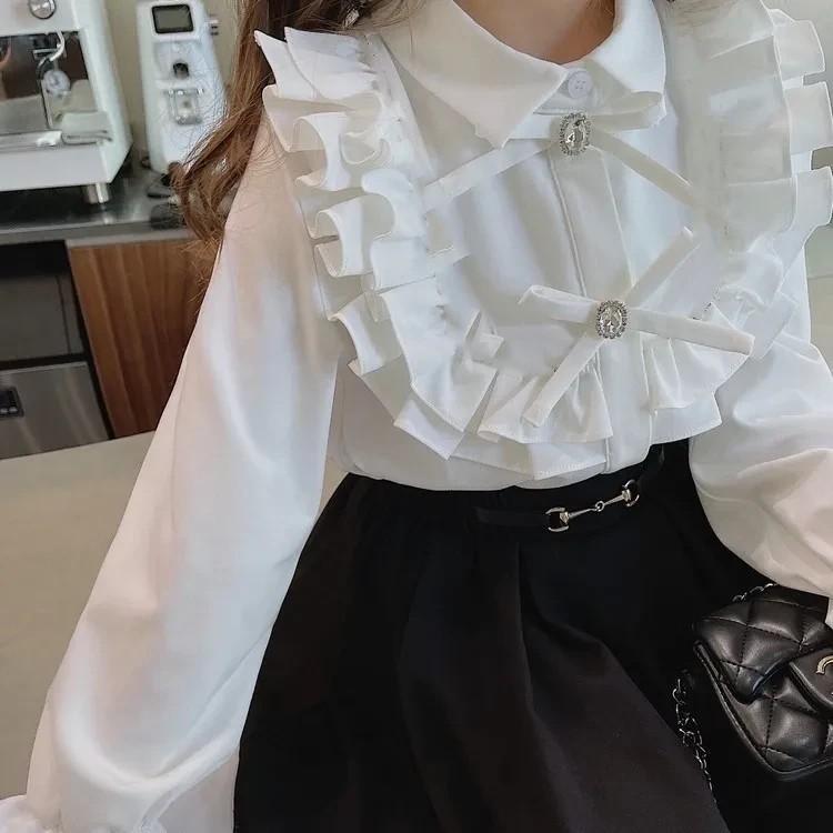 Girls Ruffled Collar Long Sleeve White Blouse Kids Elegant Lapel Button Down Shirt