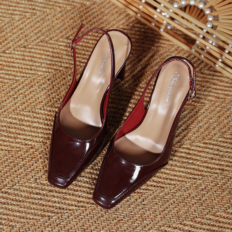 Baotou Sandals 2025 New Patent Leather Splicing Red High Heels Thick Heel Not Tired Feet Summer Square Head Empty Single Shoes