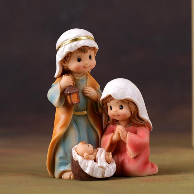 Cartoon Miniature Nativity Scene Statue Religious Home Decors Resins Holy Family Figurine For Christmas Celebration