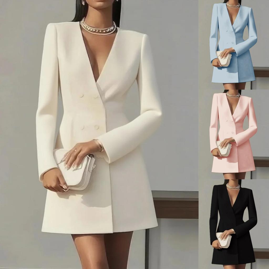 Women's Double-Breasted V-Neck White Blazer Dress with Notched Lapel