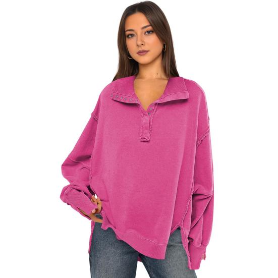 

Осенне-весенняя женская толстовка, свободный отложной воротник, рукава-фонарики, свободный однотонный цвет, разрезы по бокам, застегивающийся на пуговицы, однотонный спортивный повседневный топ XL розы красного