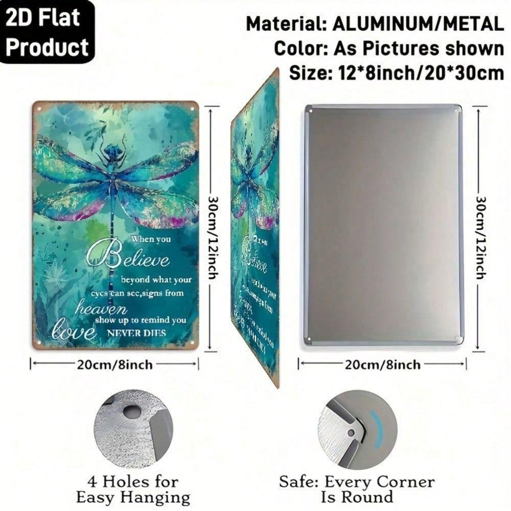 Metal Wall Art Poster, Dragonfly When You Believe, Gold Turquoise Inspirational Decor