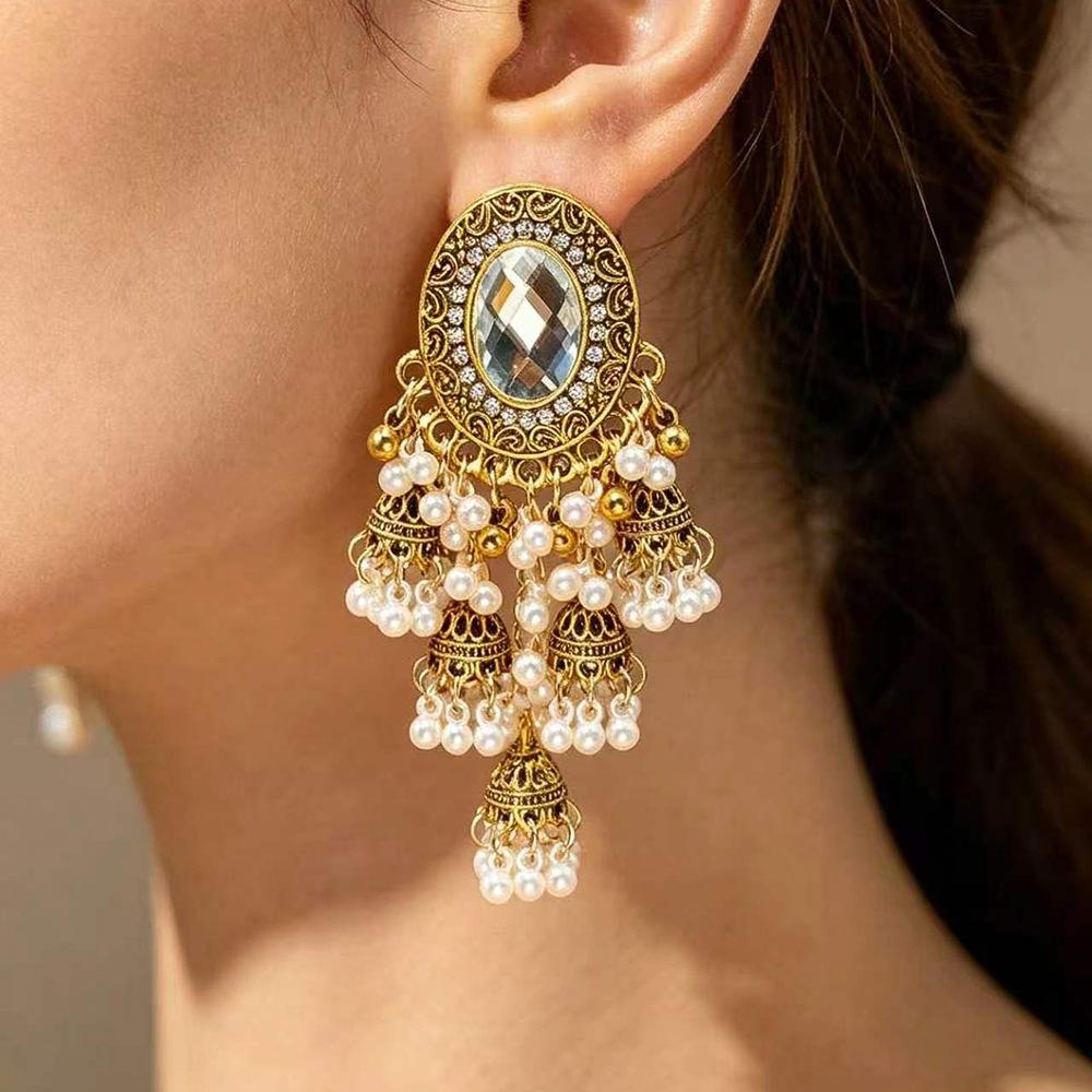 Unique New European and American Style Pearl Bell Tassel Earrings for Women Vintage Luxurious Ethnic Style Long Earrings