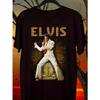 Black T-Shirt Featuring Elvis Presley'S Signature Eye-Catching Golden Red Design with Comfortable Fit Suitable for Any Season