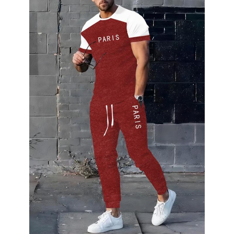 Paris-Inspired Men's 3D 2pcs Fashion Casual Set, Short-Sleeve T-Shirt and Long Pants