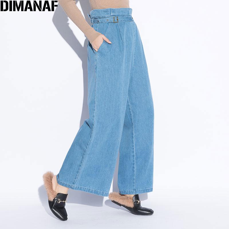 

DIMANAF женские большие размеры длинные джинсовые джинсы женские брюки винтажные синие однотонные шаровары широкие брюки с высокой талией осенние свободные 2018