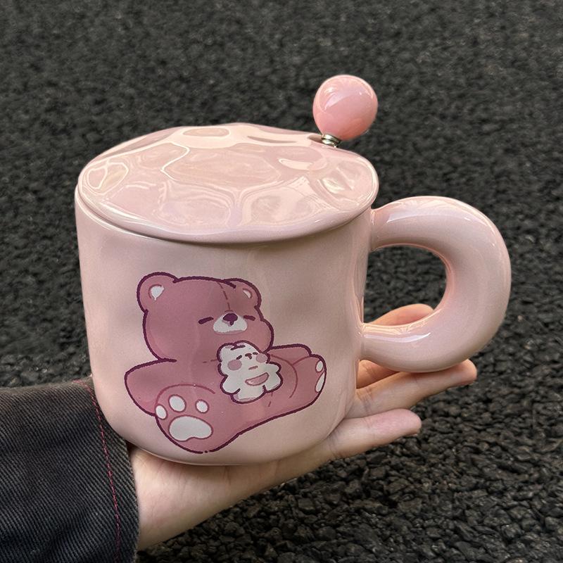 

Cute Bear Mug Large Capacity Ceramic Cup with Lid Practical Birthday Gift for Best Friends Girls Souvenir 401-500ml