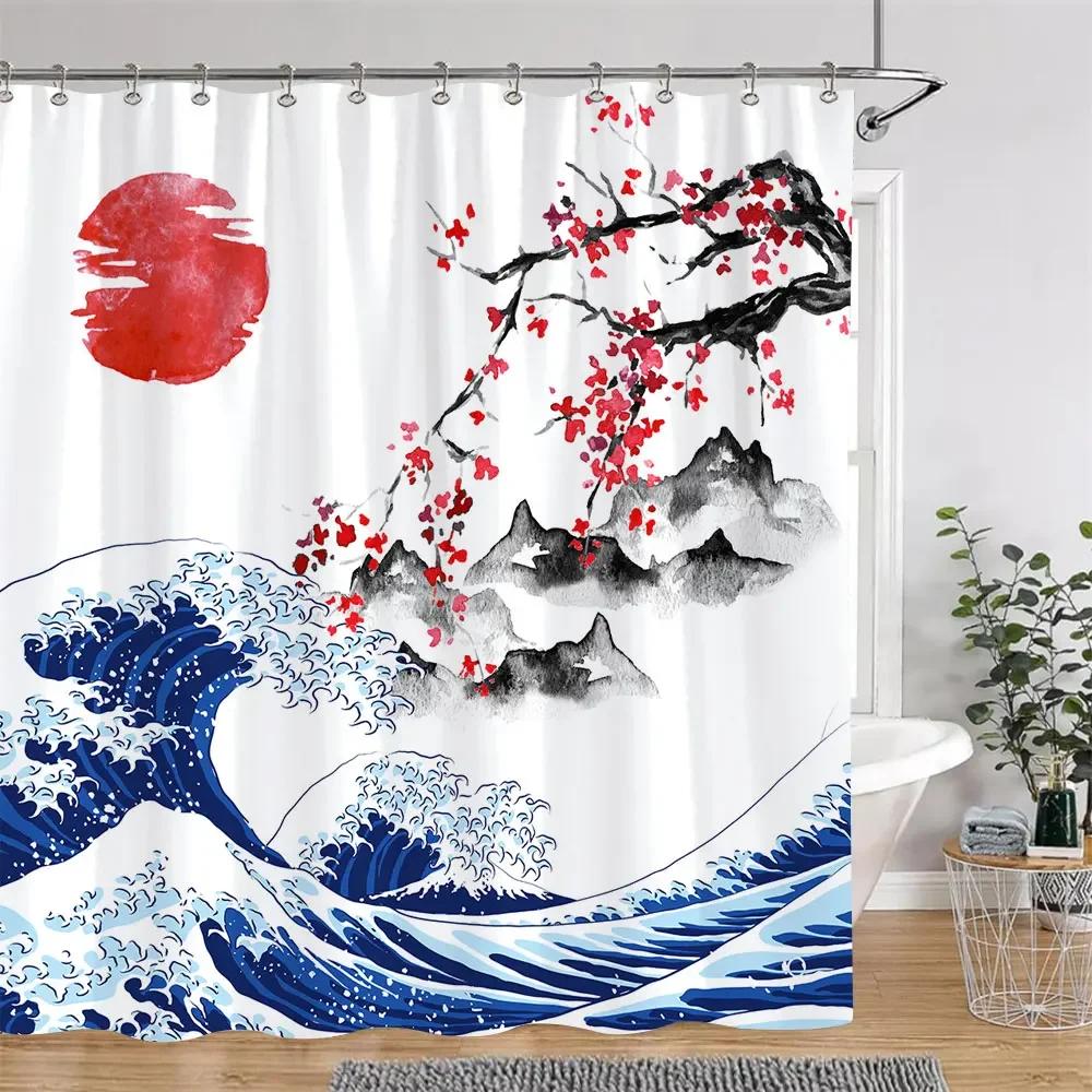 Chinese Japanese Cherry Blossom Ink Painting Shower Curtain Landscape Waves Art Creative Polyester Bath Curtains Bathroom Decor