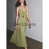New Fall Women's Clothing French Style V-neck Fashion Draping Effect Splicing Sling Long Dress 1223453