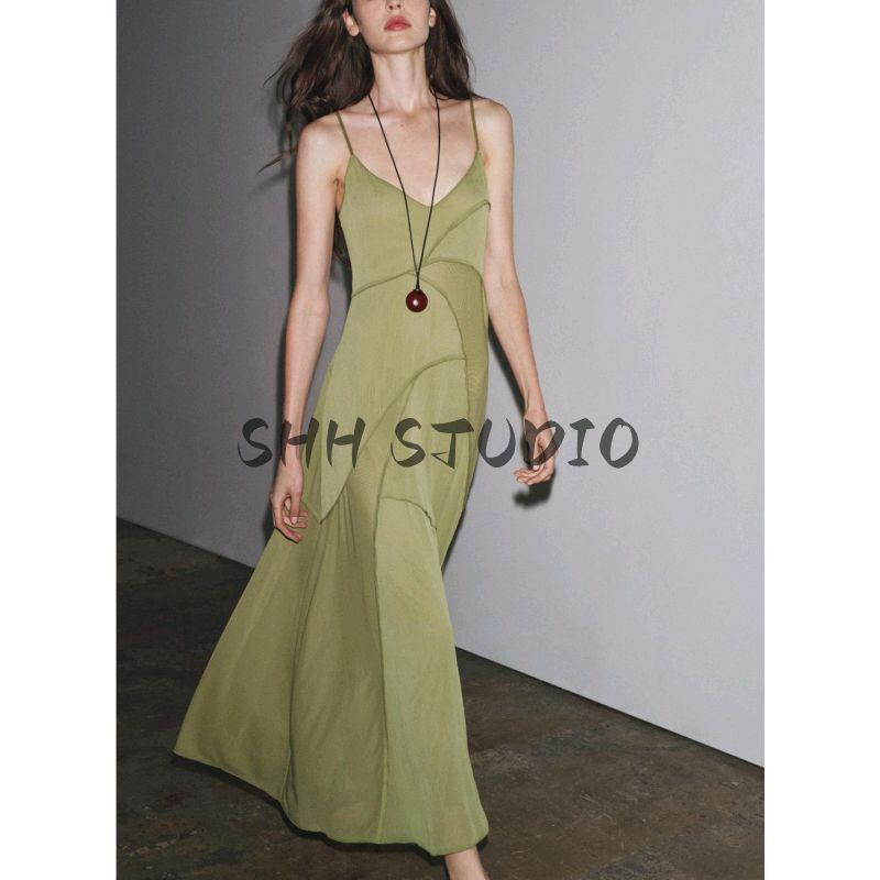 New Fall Women's Clothing French Style V-neck Fashion Draping Effect Splicing Sling Long Dress 1223453
