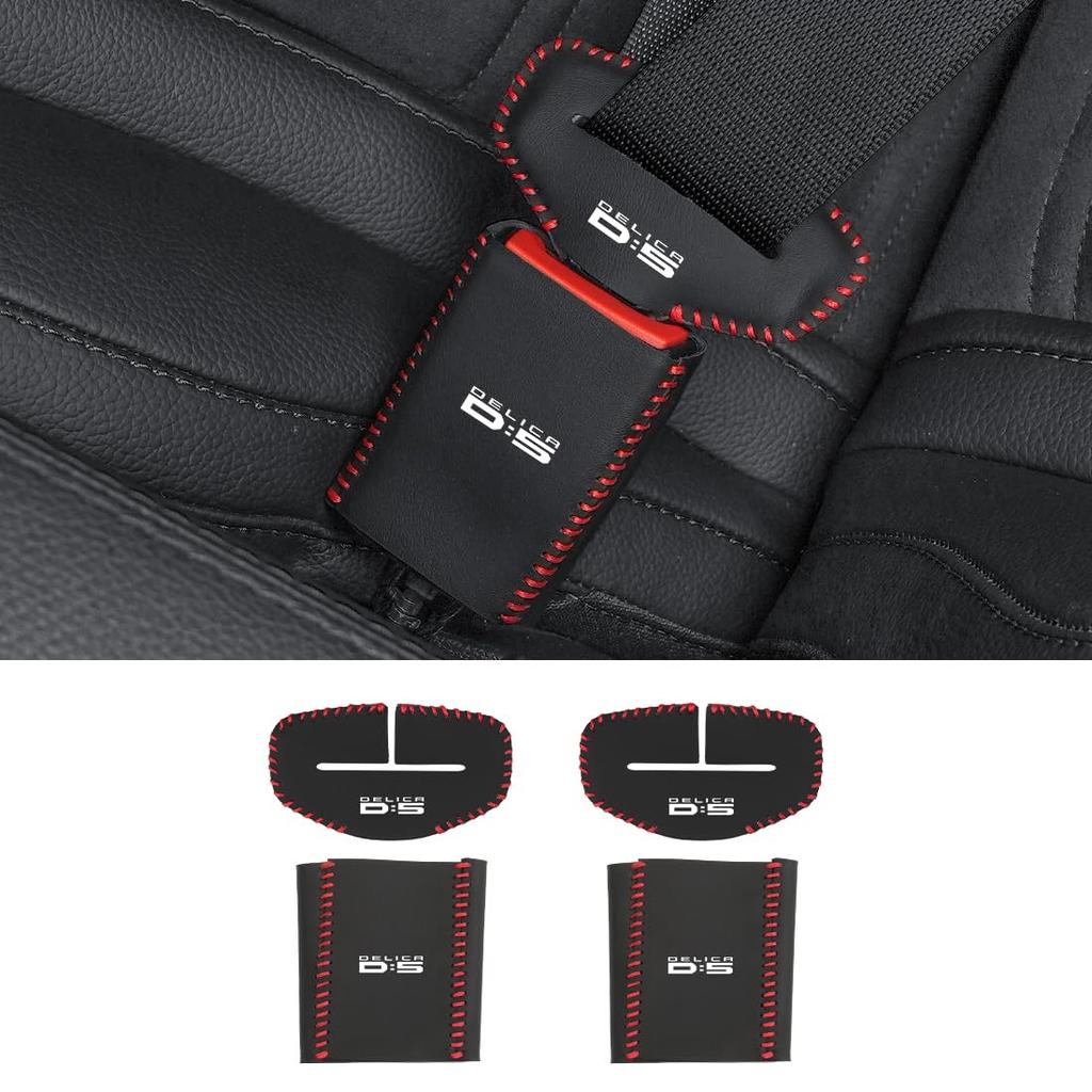 Set of 2 PU Leather Seat Belt and Buckle Covers for the Delica Compatible with Urban Gear G and P Prevents Noise and and is Easy to D5 (Red Line, G,