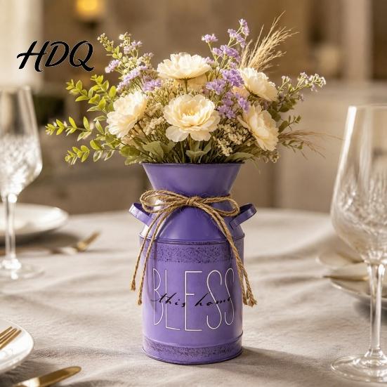 Country Style Interior Ornament Vintage Metal Milk Can Vase Farmhouse Iron Flower Bucket with Handles & Jute Modern Home Living Room Accent