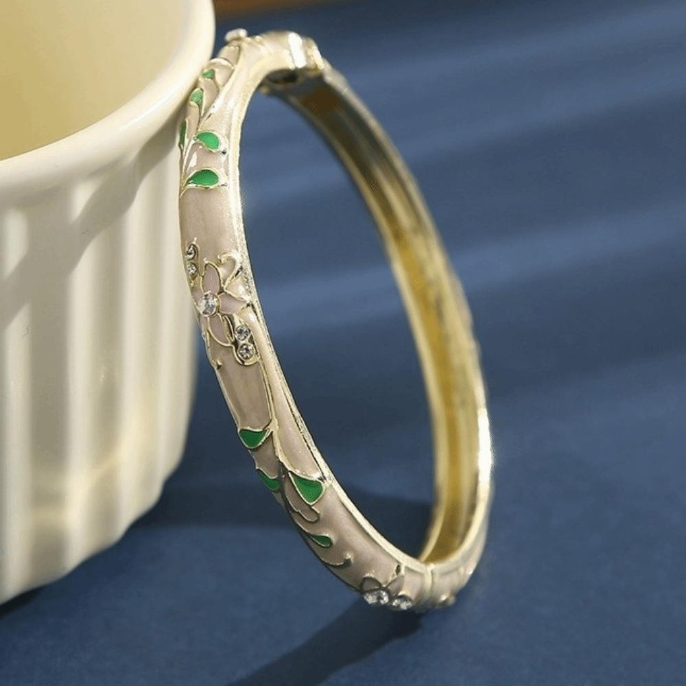 Gold Plated Cloisonne Bracelet Enamelled Flower Enamel Bangle Enamel Bangle Bracelet  Women Jewelry