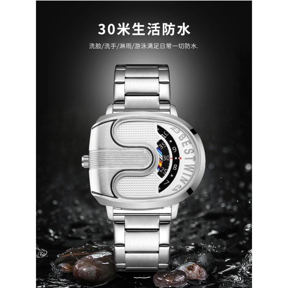 Fashion Men Irregular Tonneau Shape Quartz Watch Creative Rotating Dial Stainless Steel Bracelet Wristwatch